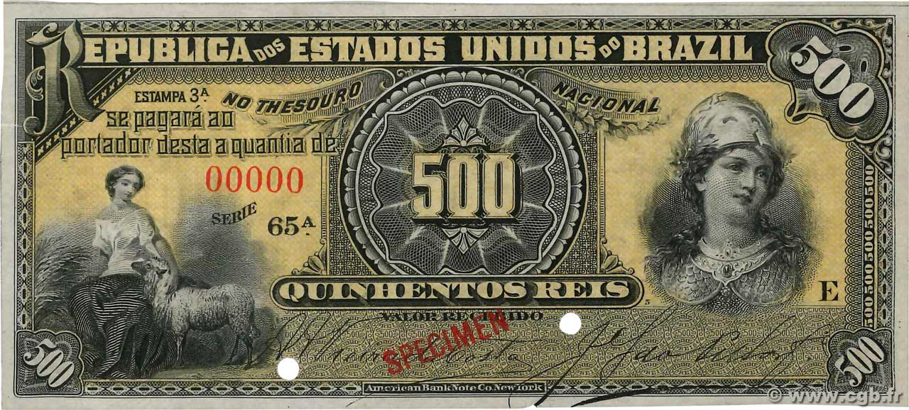 500 Reis Spécimen BRAZIL  1893 P.001s UNC-