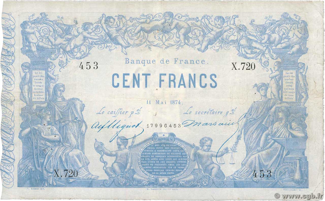 100 Francs type 1862 - Bleu à indices Noirs FRANCIA  1874 F.A39.10 BC+