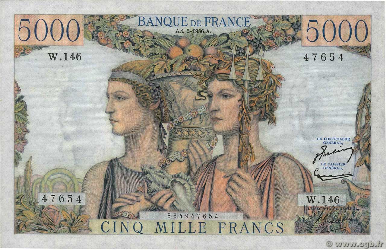 5000 Francs TERRE ET MER FRANCIA  1956 F.48.11 SC