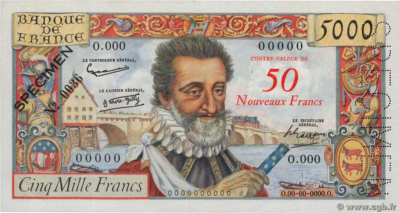 50 NF sur 5000 Francs HENRI IV Spécimen FRANKREICH  1958 F.54.01Spn fST
