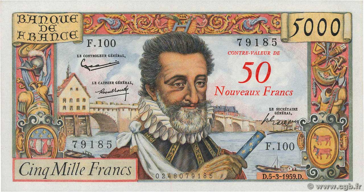 50 NF sur 5000 Francs HENRI IV FRANCIA  1959 F.54.02 AU