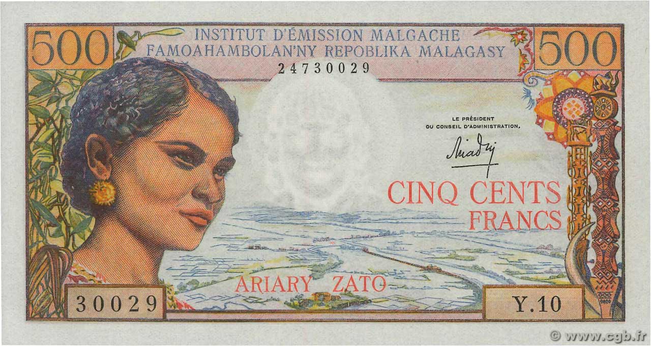 500 Francs - 100 Ariary MADAGASKAR  1966 P.058a fST+