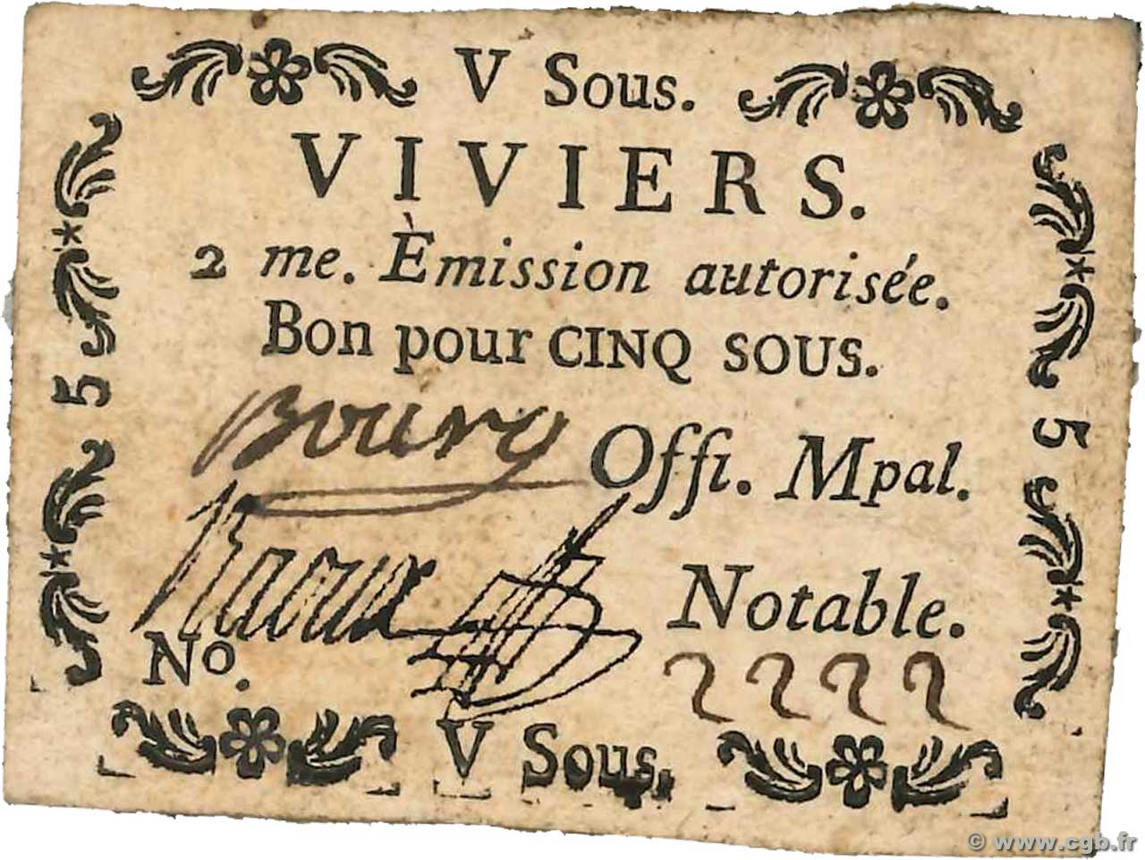 5 Sous FRANCE regionalism and various Viviers 1792 Kc.07.200 VF+