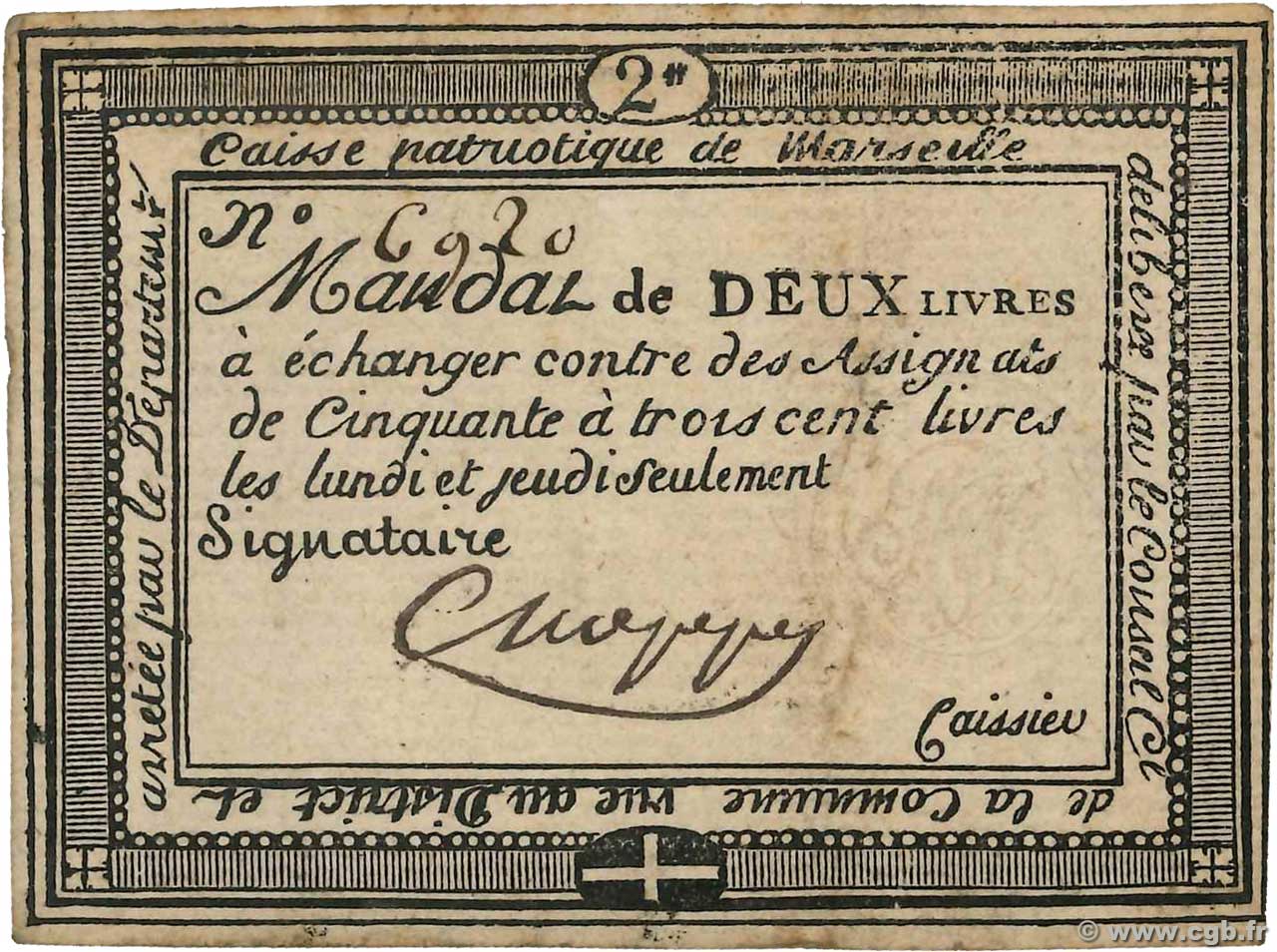 2 livres FRANCE Regionalismus und verschiedenen Marseille 1792 Kc.13.089 SS