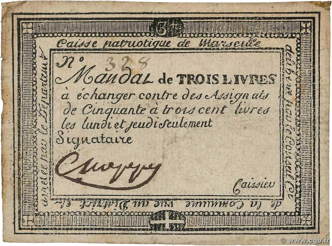 3 Livres FRANCE Regionalismus und verschiedenen Marseille 1792 Kc.13.090 SS