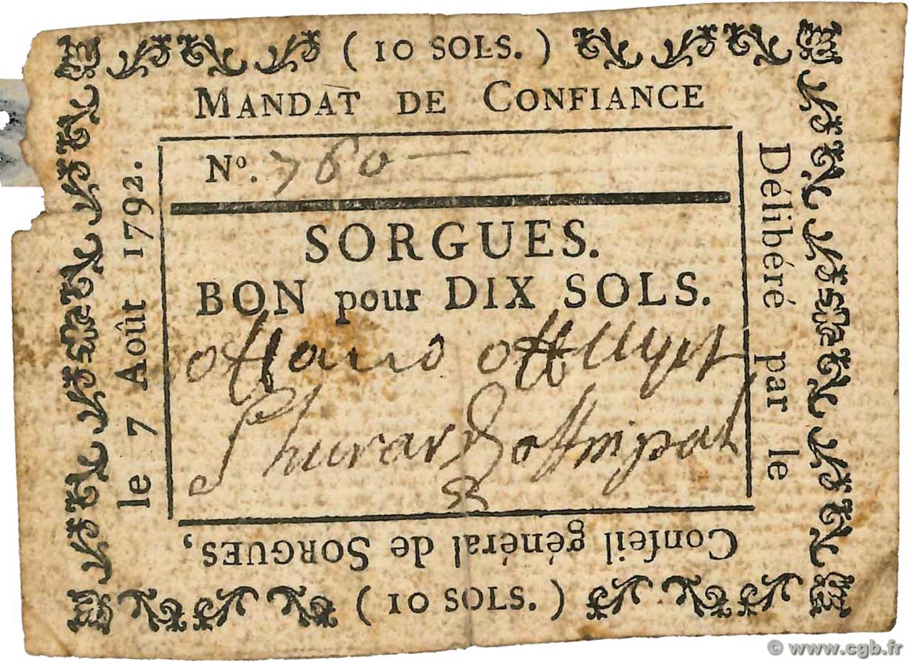 10 Sols FRANCE Regionalismus und verschiedenen Sorgues 1792 Kc.13.126 SGE