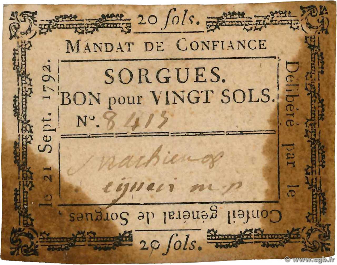 20 Sols FRANCE regionalism and miscellaneous Sorgues 1792 Kc.13.129(var) F
