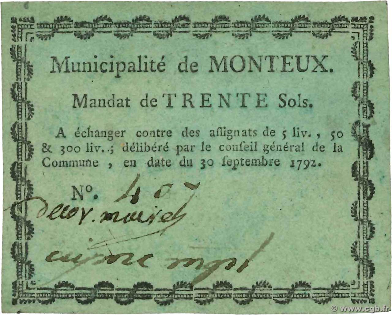 30 Sols FRANCE Regionalismus und verschiedenen Monteux 1792 Kc.26.109 VZ
