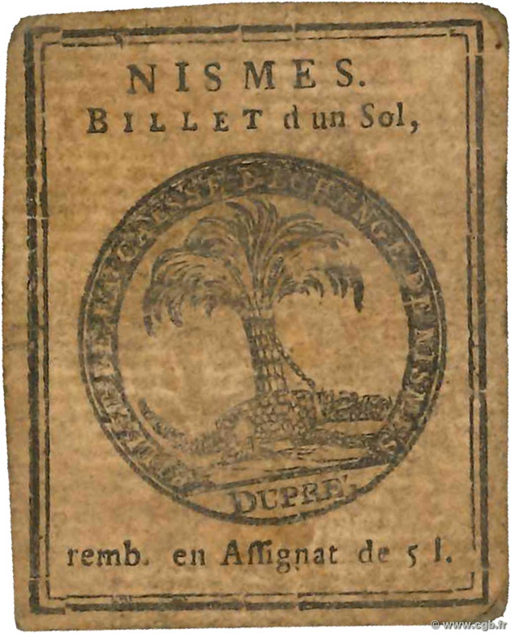 1 Sol FRANCE regionalism and miscellaneous Nimes 1791 Kc.30.065 F