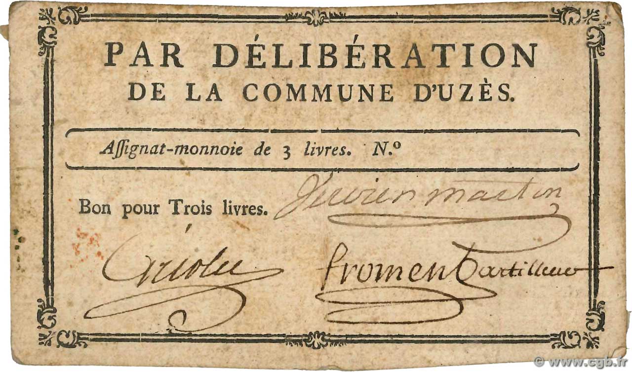 3 Livres FRANCE Regionalismus und verschiedenen Uzes 1792 Kc.30.162b SS