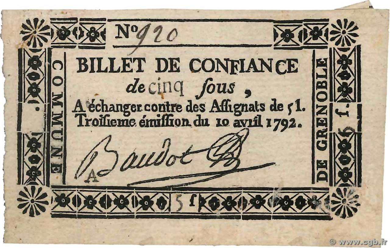 5 Sous FRANCE regionalism and miscellaneous Grenoble 1792 Kc.38.023d XF