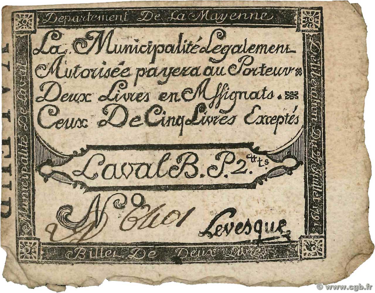 2 Livres FRANCE regionalism and miscellaneous Laval 1791 Kc.53.008 F