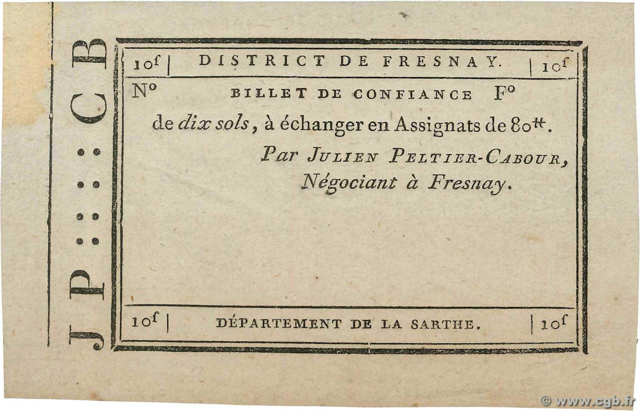 10 Sols Non émis FRANCE regionalism and miscellaneous Fresnay 1792 Kc.72.050 VF+
