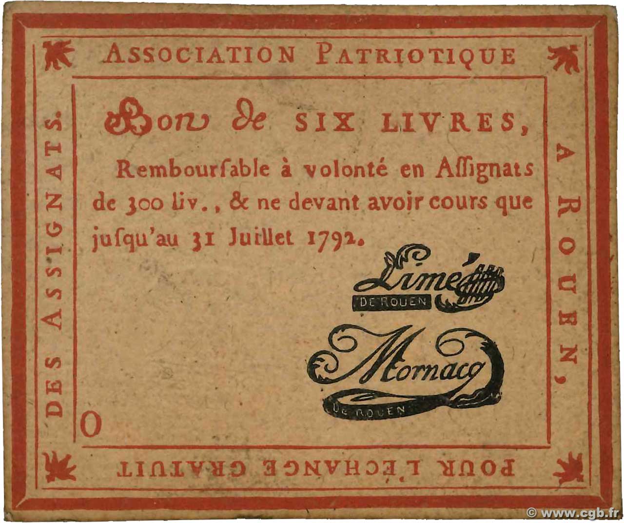 6 Livres FRANCE regionalismo y varios Rouen 1792 Kc.76.163 MBC+