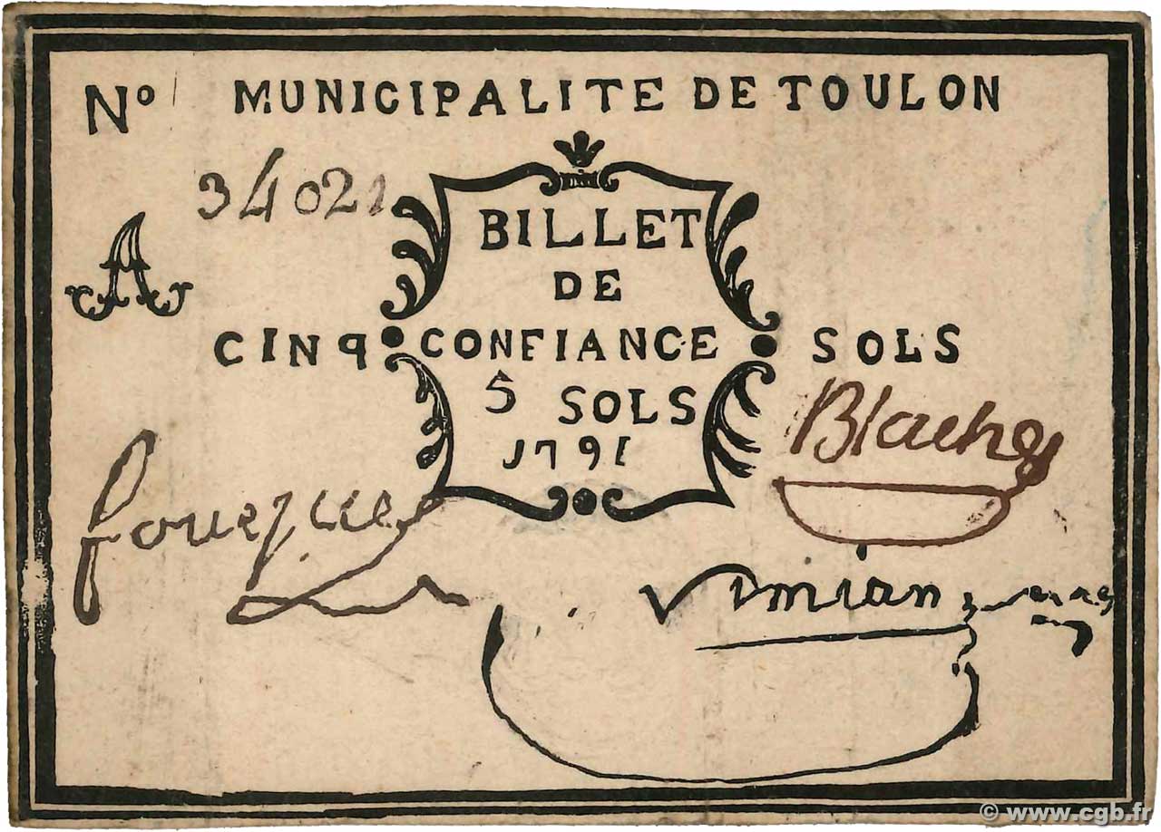 5 Sols Faux FRANCE regionalism and miscellaneous Toulon 1792 Kc.83.006 VF+