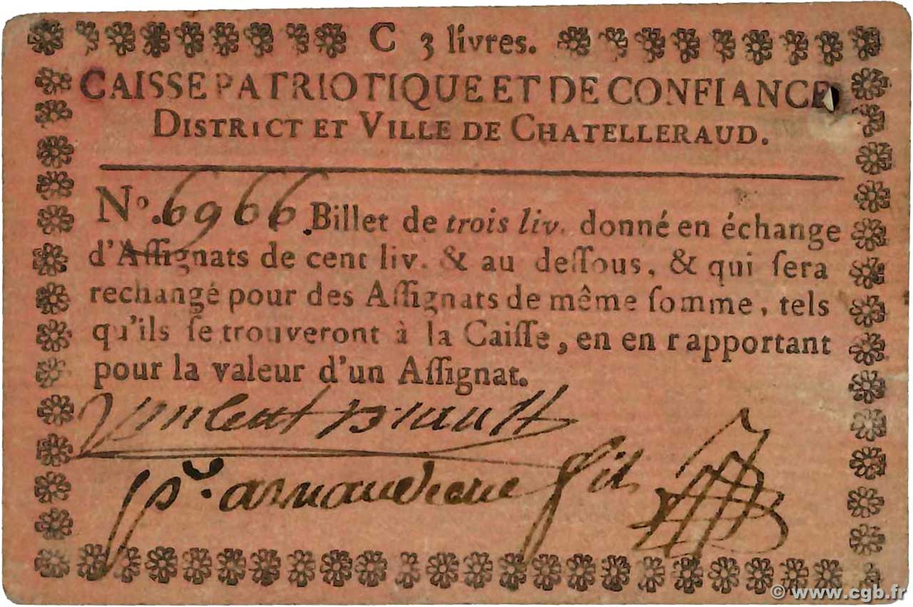 3 Livres FRANCE Regionalismus und verschiedenen Chatelleraud 1792 Kc.86.005 S to SS
