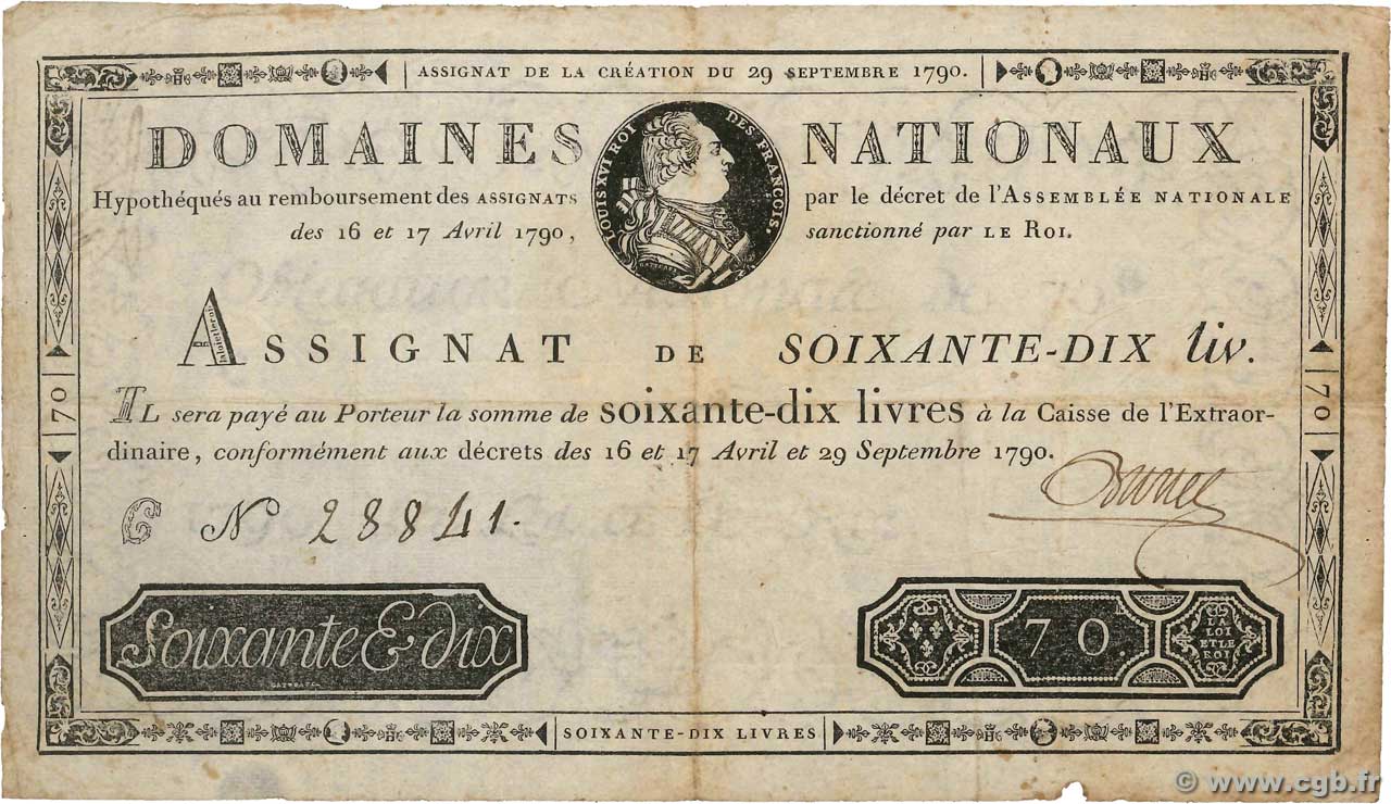 70 Livres FRANCE  1790 Ass.06a F-