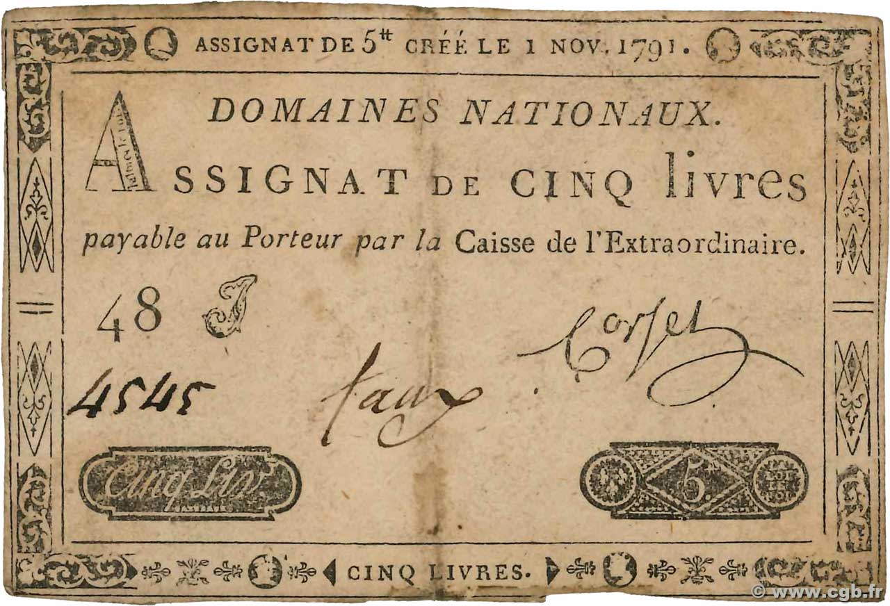 5 Livres Faux FRANCE  1791 Ass.20x F