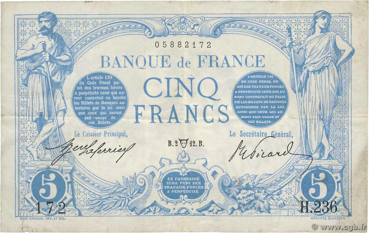 5 Francs BLEU FRANCE  1912 F.02.04 VF-
