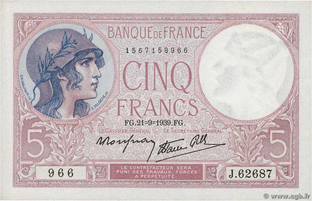 5 Francs FEMME CASQUÉE modifié FRANCE  1939 F.04.09 AU+