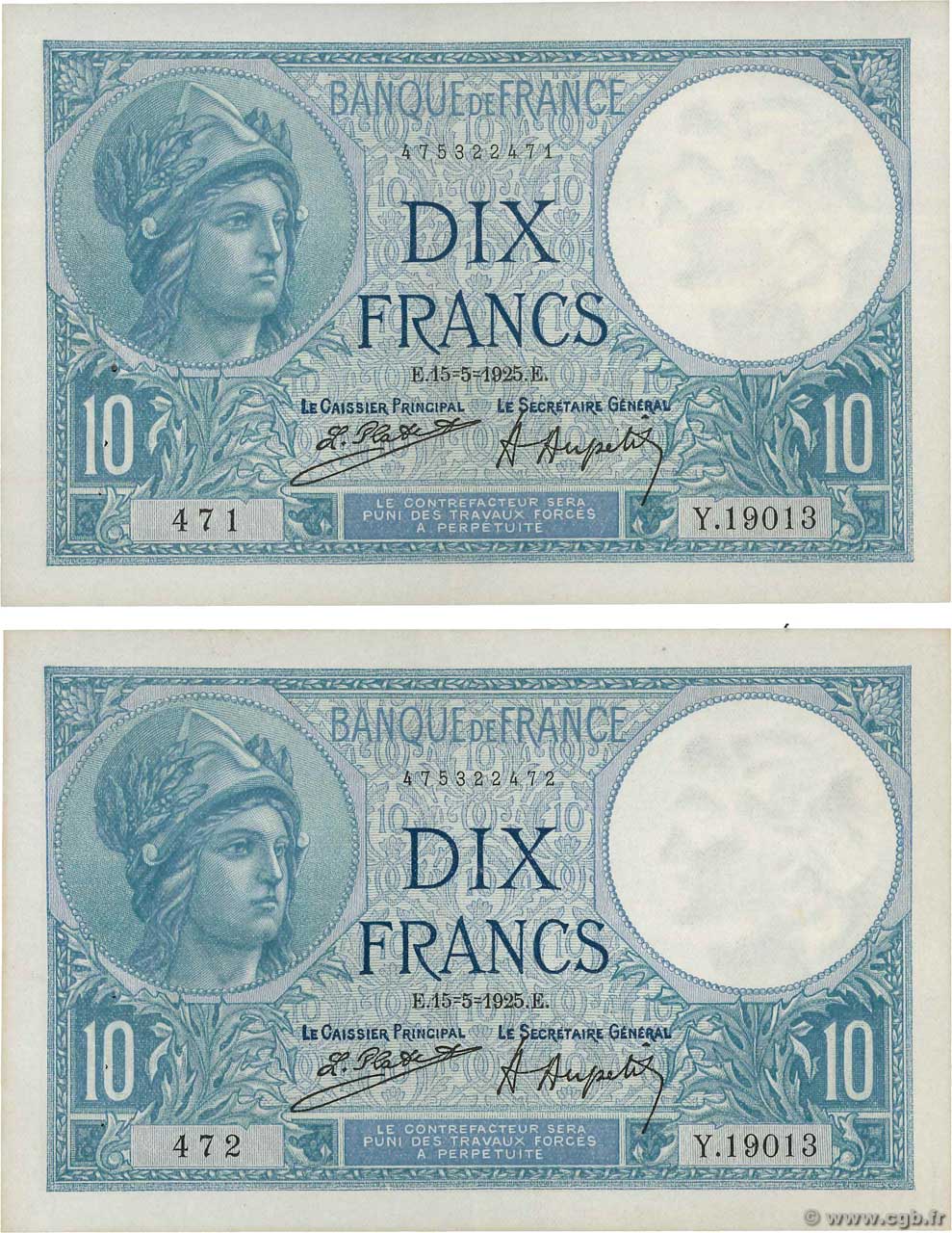 10 Francs MINERVE Consécutifs FRANCIA  1925 F.06.09 SPL