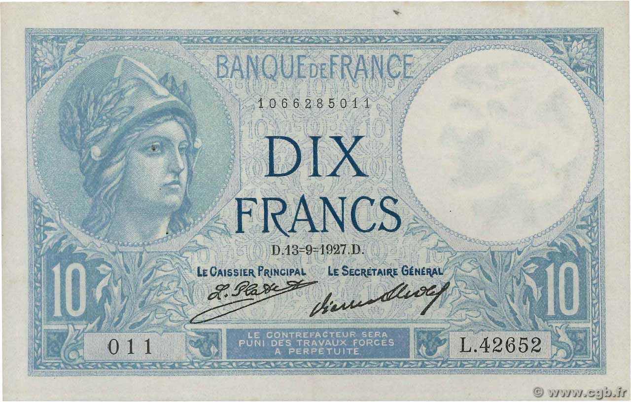 10 Francs MINERVE FRANCE  1927 F.06.12 pr.SPL