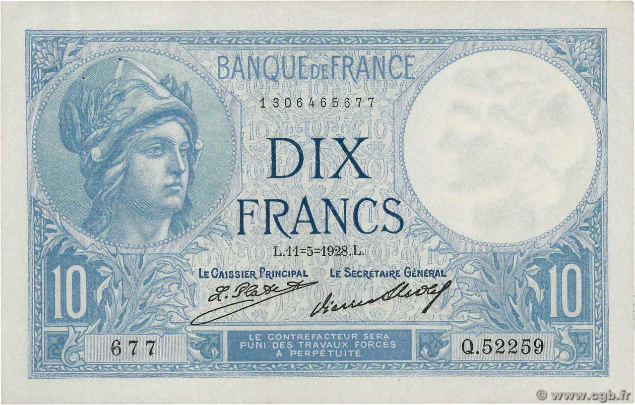 10 Francs MINERVE FRANCE  1928 F.06.13 AU-