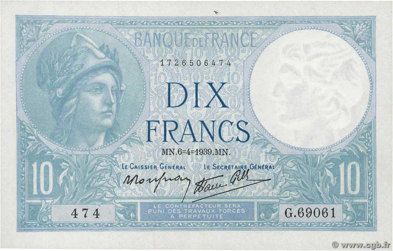 10 Francs MINERVE modifié FRANCE  1939 F.07.02 AU