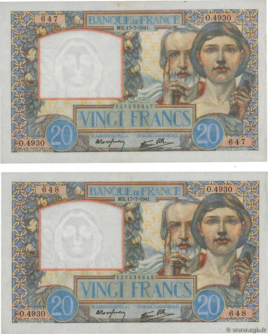 20 Francs TRAVAIL ET SCIENCE Consécutifs FRANCE  1941 F.12.16 SUP+