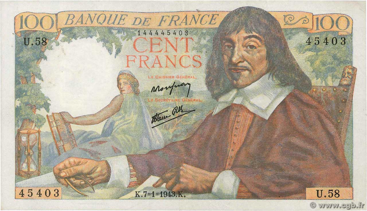 100 Francs DESCARTES FRANCE  1943 F.27.03 XF-
