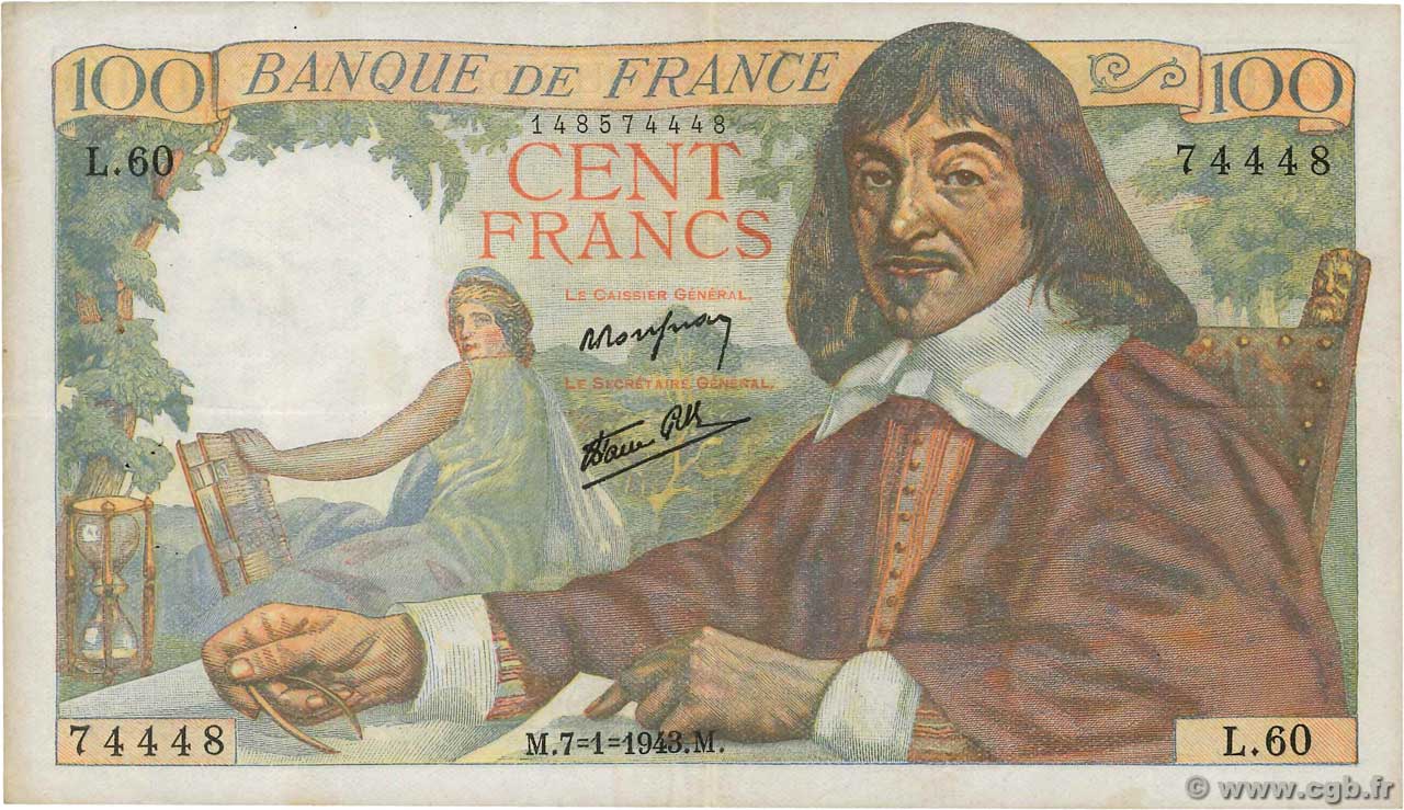100 Francs DESCARTES FRANKREICH  1943 F.27.03 SS