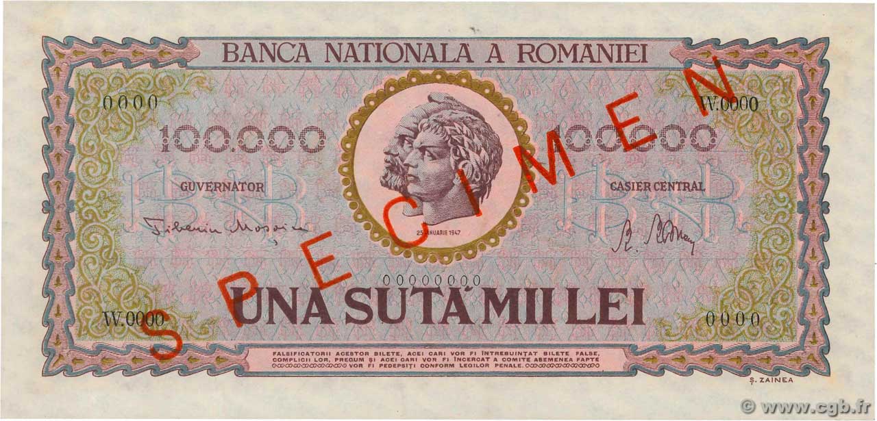 100000 Lei Spécimen ROMANIA  1947 P.059s UNC-