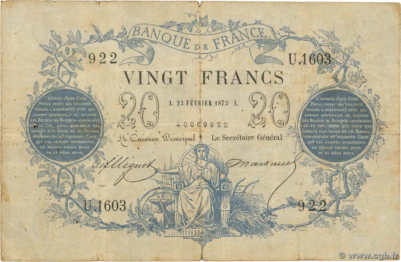 20 Francs type 1871 Dates erronées FRANCIA  1873 F.A46bis.03 BC