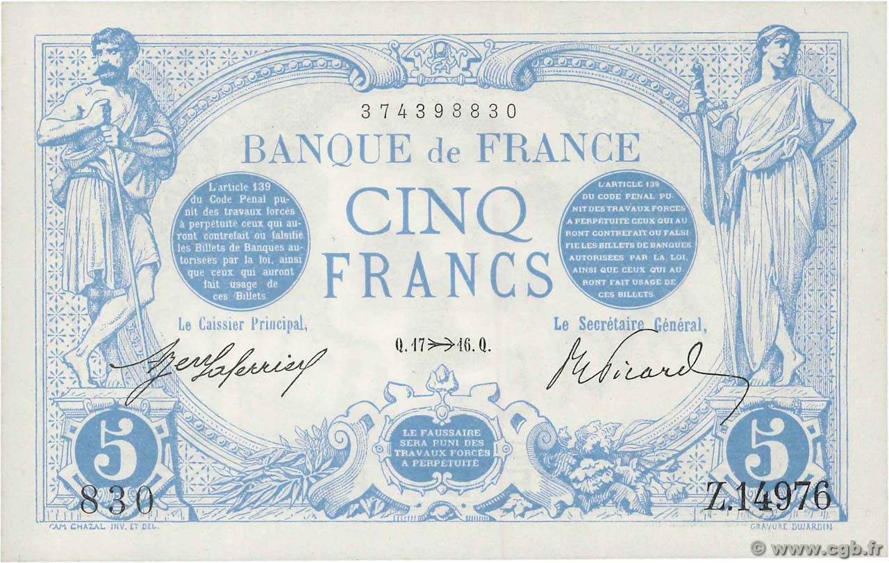 5 Francs BLEU FRANCIA  1916 F.02.45 q.FDC