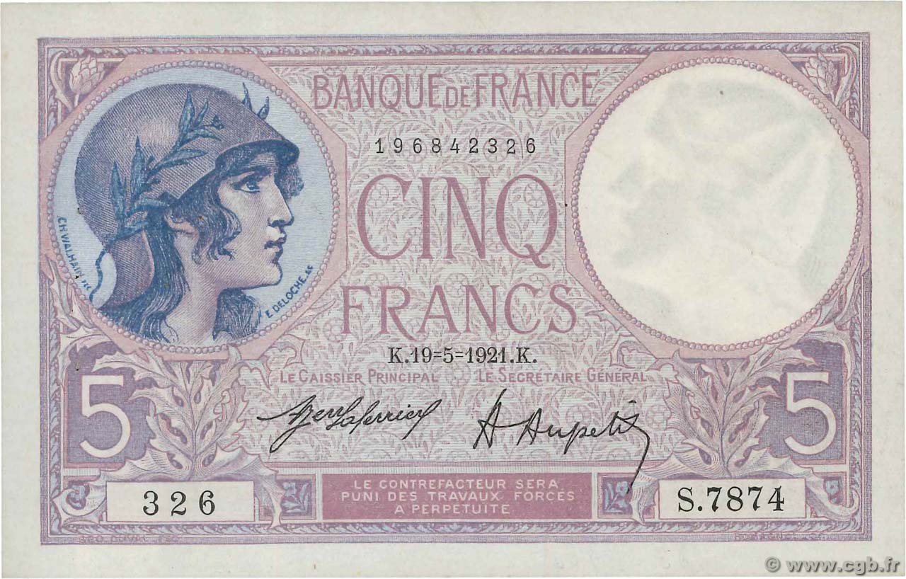 5 Francs FEMME CASQUÉE FRANKREICH  1921 F.03.05 VZ