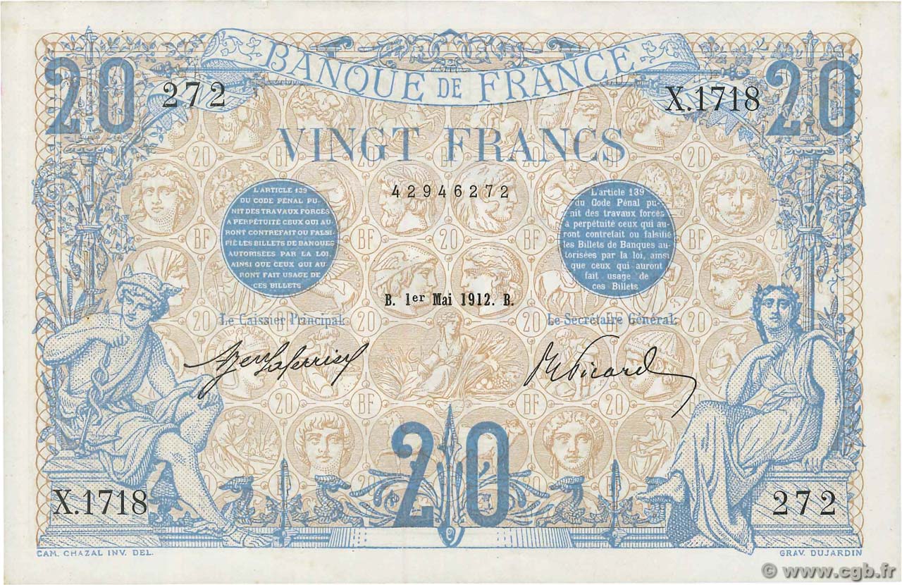 20 Francs BLEU FRANKREICH  1912 F.10.02 fST