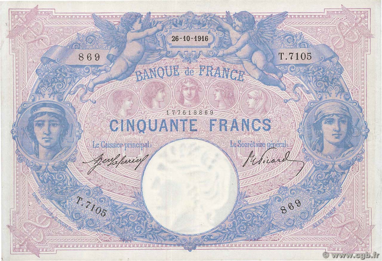 50 Francs BLEU ET ROSE FRANCIA  1916 F.14.29 MBC+