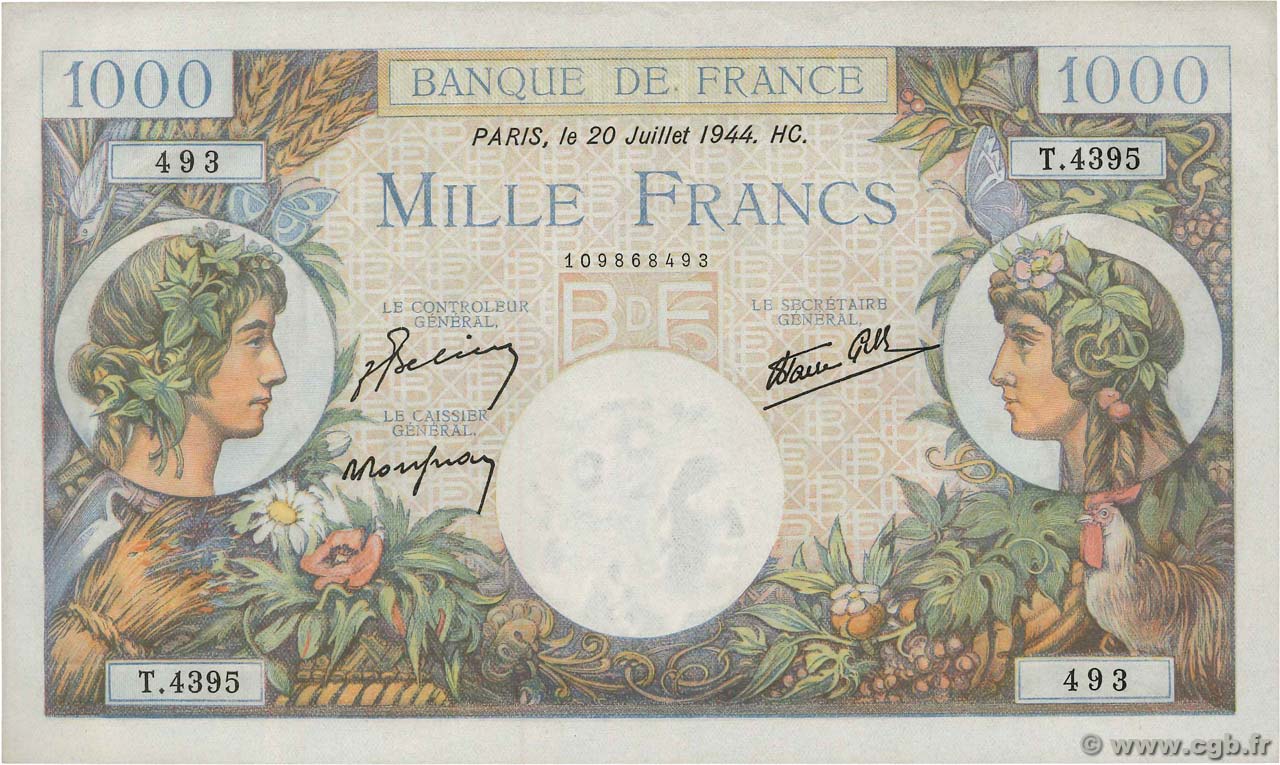 1000 Francs COMMERCE ET INDUSTRIE FRANCIA  1944 F.39.12 q.FDC
