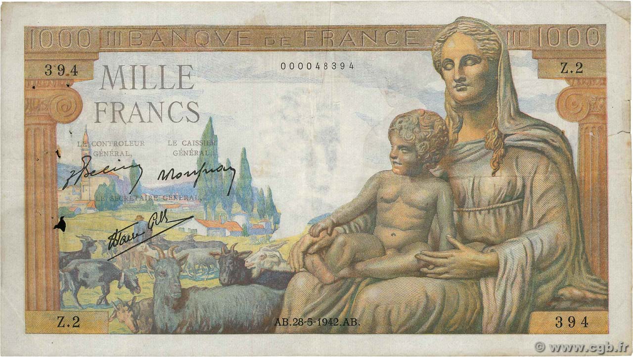 1000 Francs DÉESSE DÉMÉTER Petit numéro FRANCIA  1942 F.40.01 MB