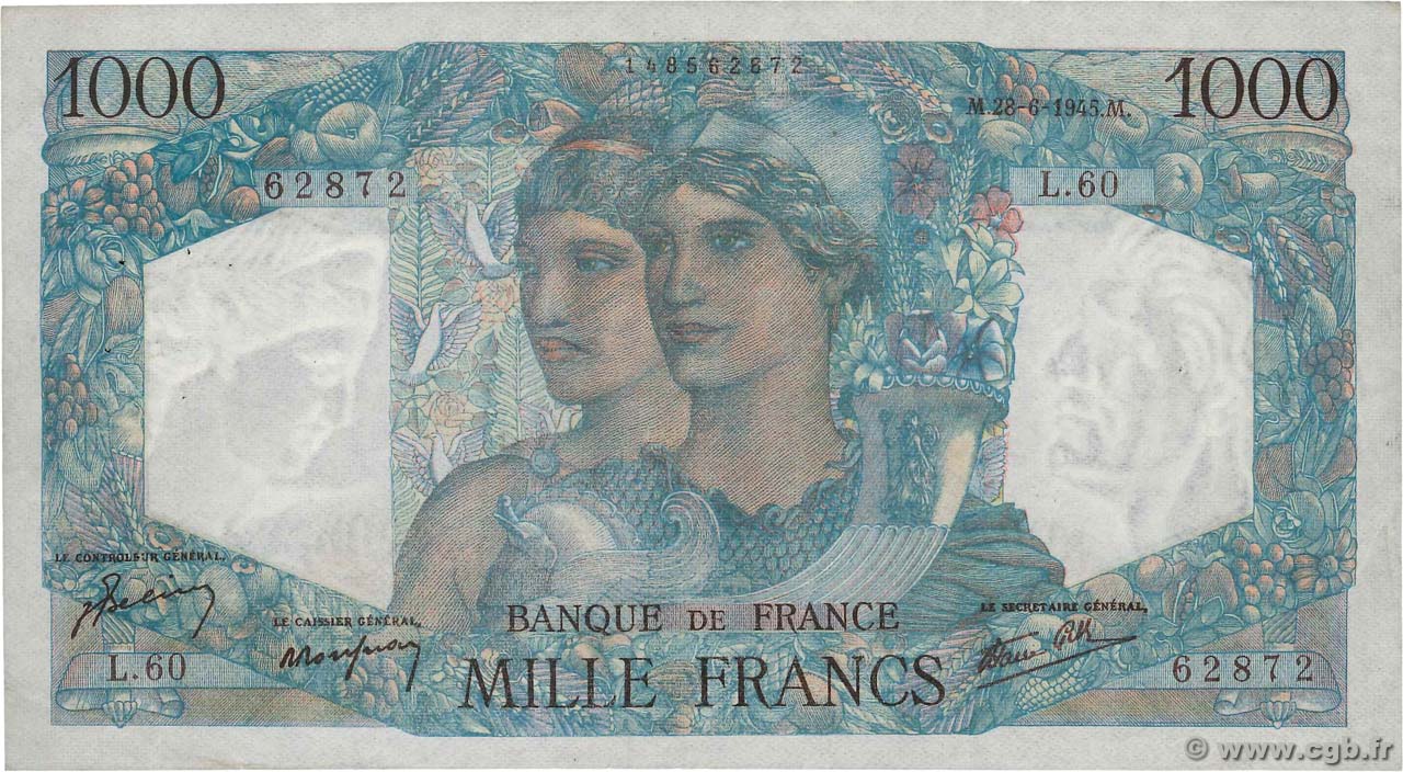 1000 Francs MINERVE ET HERCULE Faux FRANCE  1945 F.41.05x TTB+