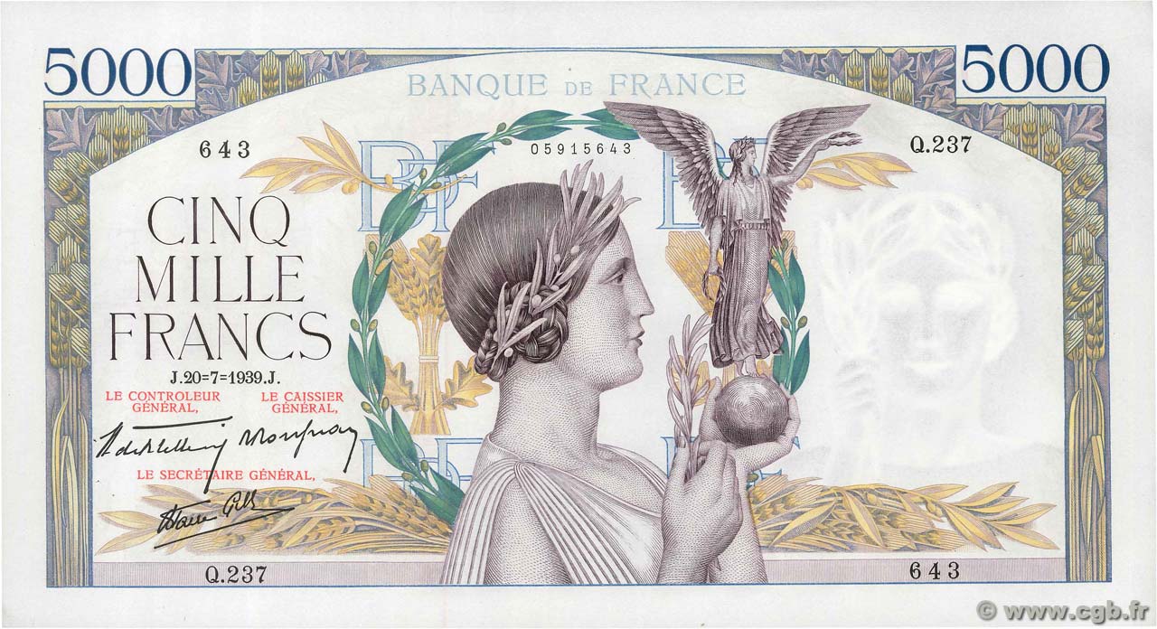 5000 Francs VICTOIRE Impression à plat FRANCIA  1939 F.46.08 AU