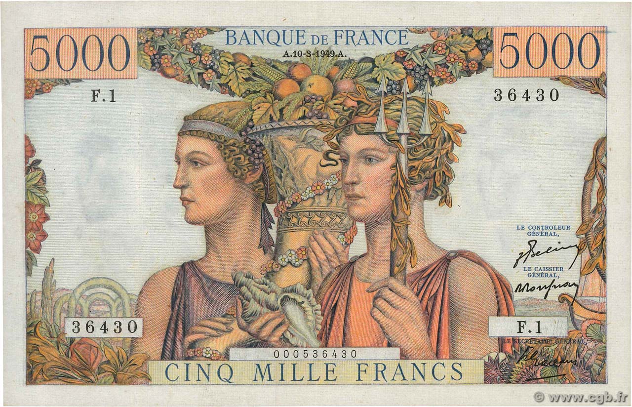 5000 Francs TERRE ET MER Petit numéro FRANKREICH  1949 F.48.01 VZ
