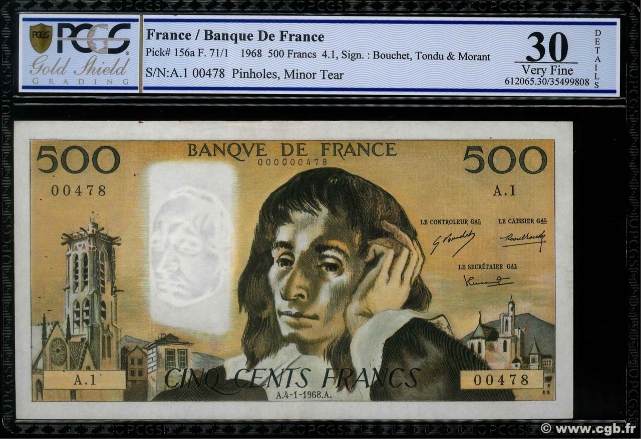 500 Francs PASCAL Petit numéro FRANCIA  1968 F.71.01A1 MBC