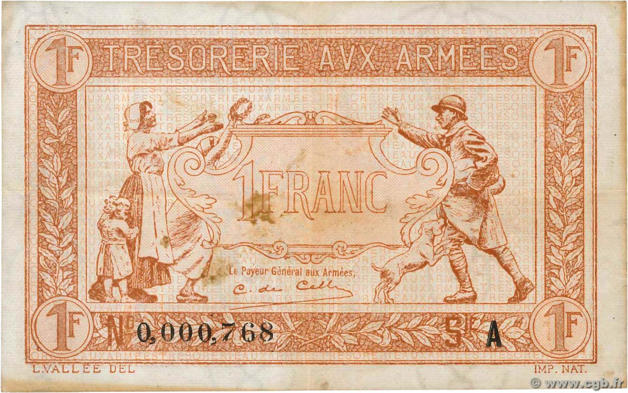 1 Franc TRÉSORERIE AUX ARMÉES 1917 Petit numéro FRANCE  1917 VF.03.01 VF