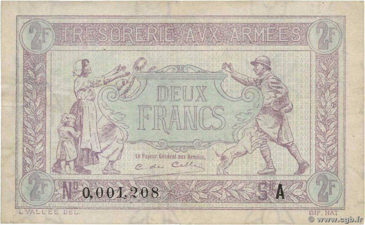 2 Francs TRÉSORERIE AUX ARMÉES Petit numéro FRANCIA  1917 VF.05.01 MBC