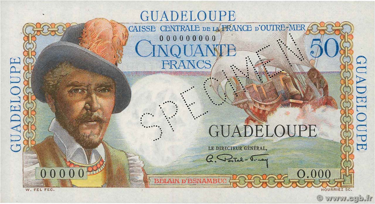 50 Francs Belain d Esnambuc Spécimen GUADELOUPE  1946 P.34s VZ+