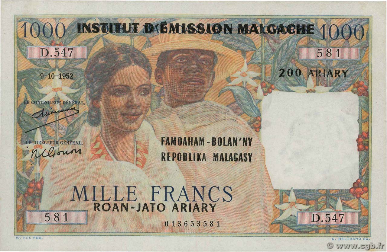 1000 Francs - 200 Ariary MADAGASCAR  1961 P.054 XF+