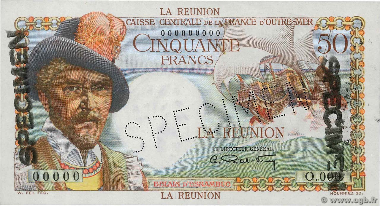 50 Francs Belain d Esnambuc Spécimen REUNION INSEL  1946 P.44s fST+