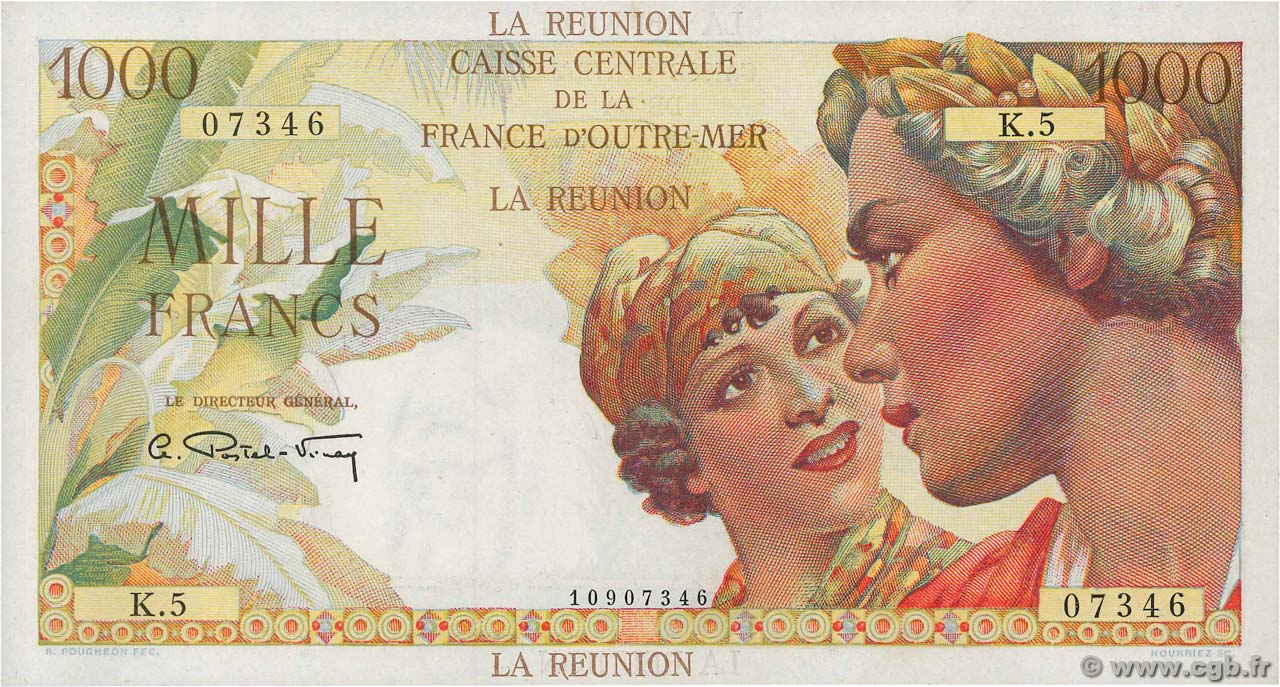 1000 Francs Union Française REUNION ISLAND  1946 P.47a AU