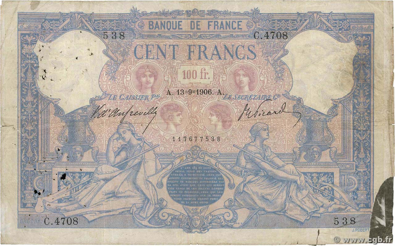 100 Francs BLEU ET ROSE FRANCIA  1906 F.21.20 RC